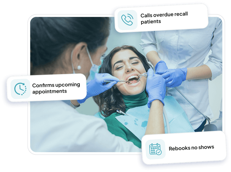 A patient at a dental checkup with ItsBot chips for calling overdue recall patients, confirming upcoming appointments, and rebooking no shows