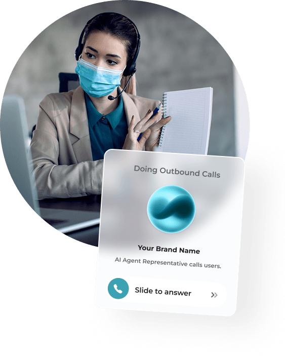 Dental staff on an outbound call, with an itsBot outbound-call agent card overlay