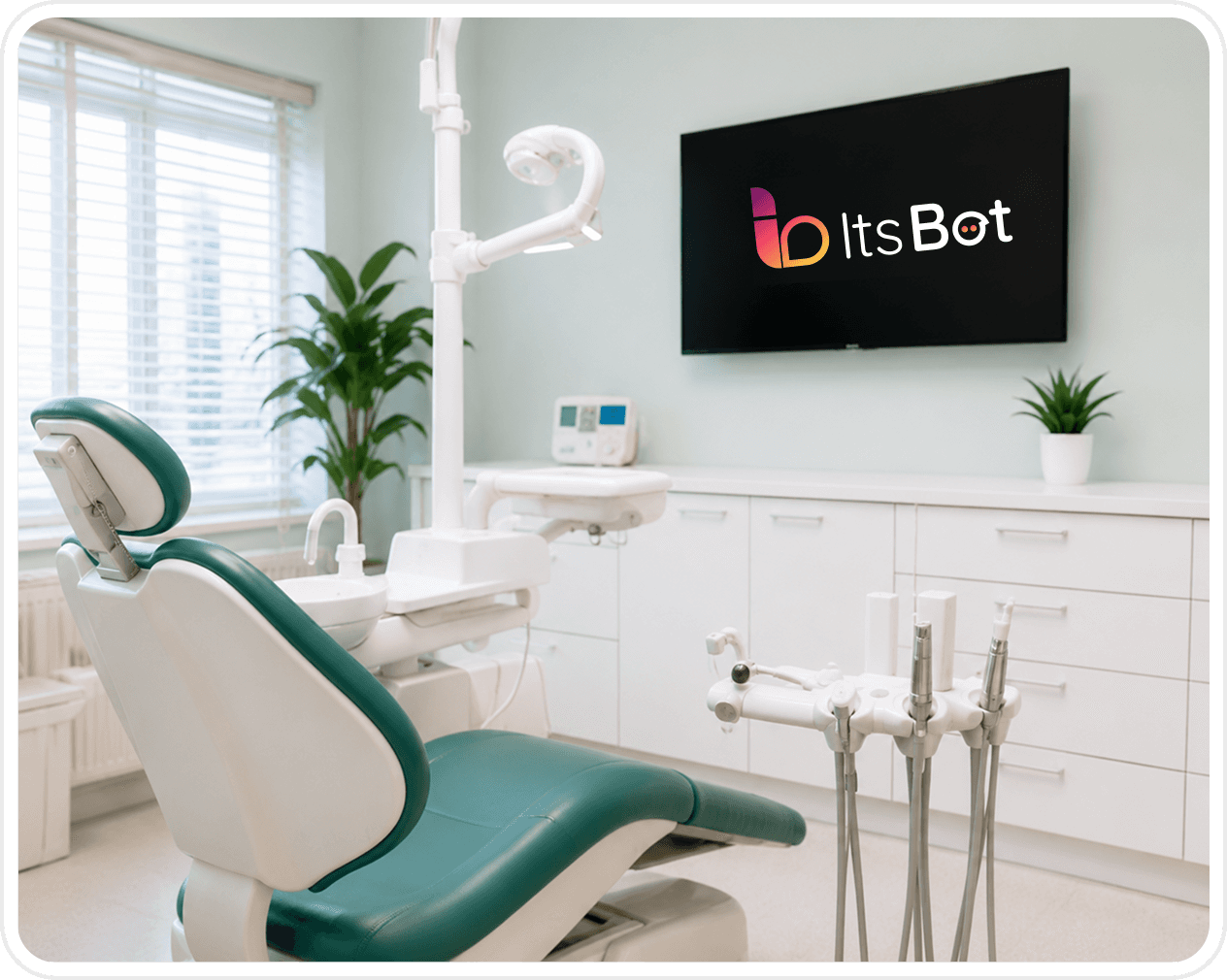 A single-practice dental operatory with an ItsBot logo on the wall-mounted screen